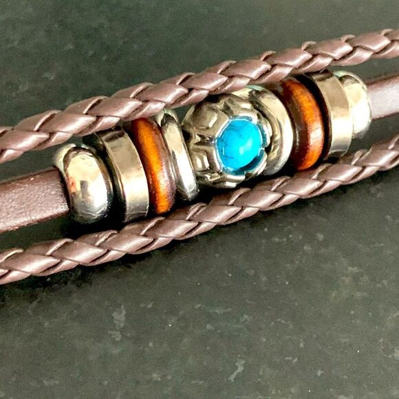 Ibiza Brown Vegan Leather Multi-Strand Cuff Bracelet with Faux Turquoise - Picture 4 of 8